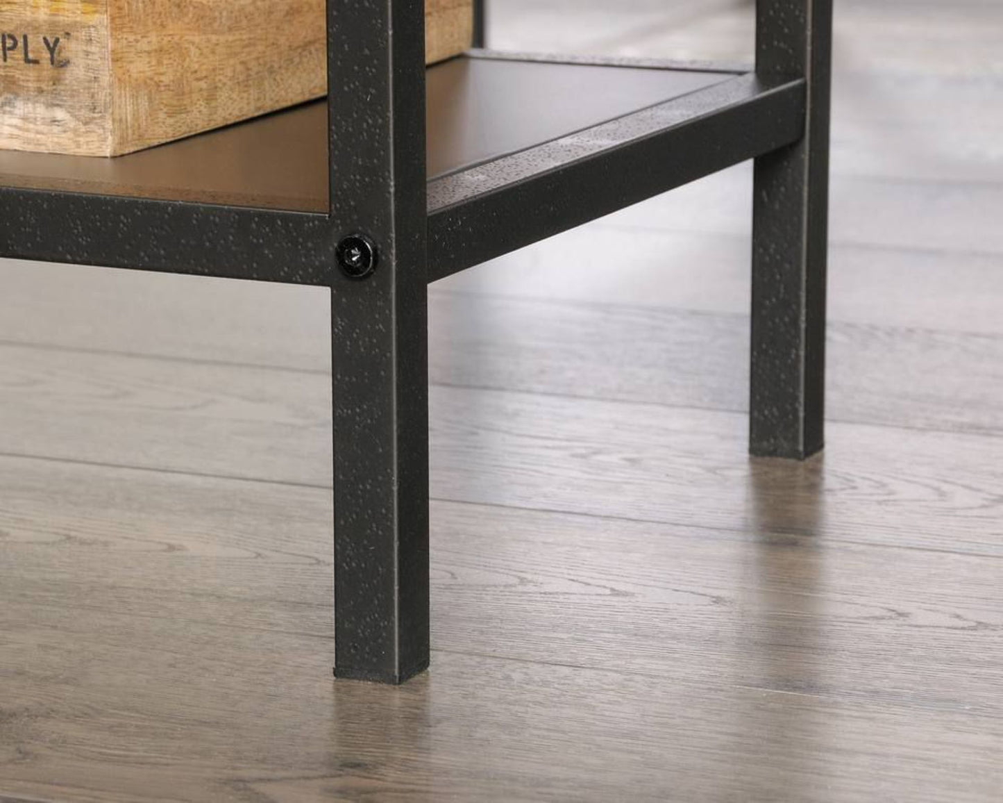 Contemporary Industrial Style home office L-shaped desk in Oak finish and modern black accents