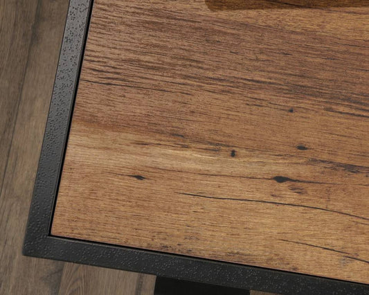 Contemporary Industrial Style home office L-shaped desk in Oak finish and modern black accents