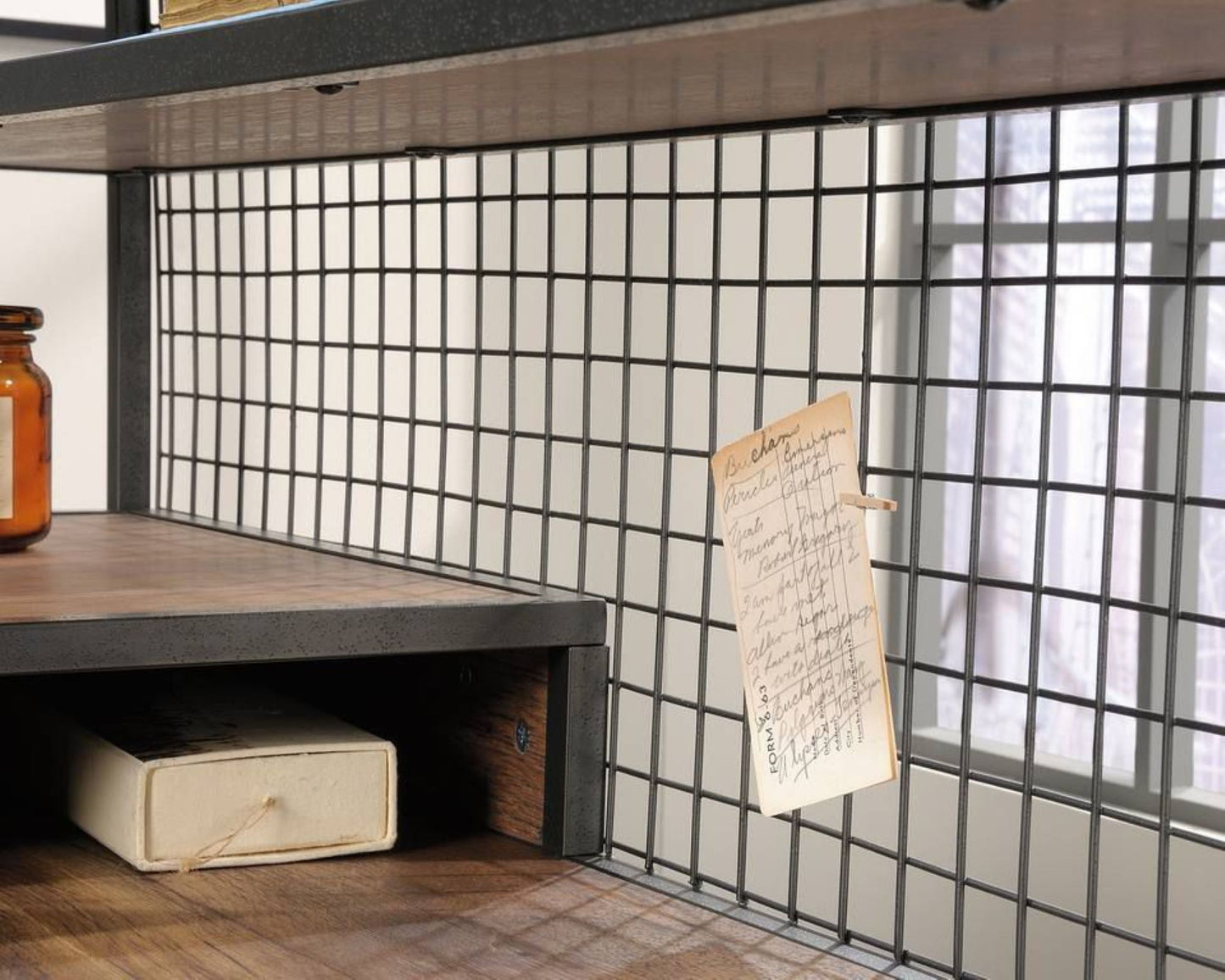 Contemporary Industrial Style home office L-shaped desk in Oak finish and modern black accents