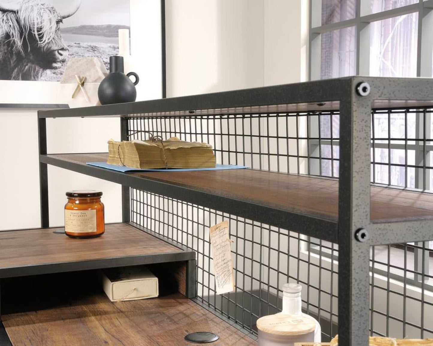Contemporary Industrial Style home office L-shaped desk in Oak finish and modern black accents