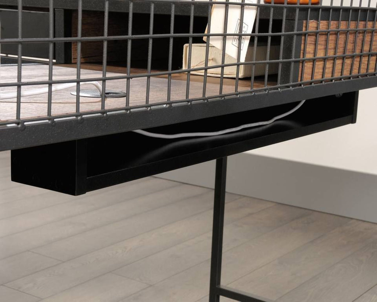 Contemporary Industrial Style home office L-shaped desk in Oak finish and modern black accents