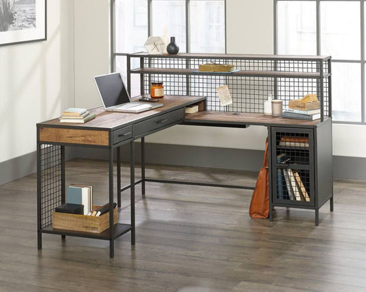Contemporary Industrial Style home office L-shaped desk in Oak finish and modern black accents