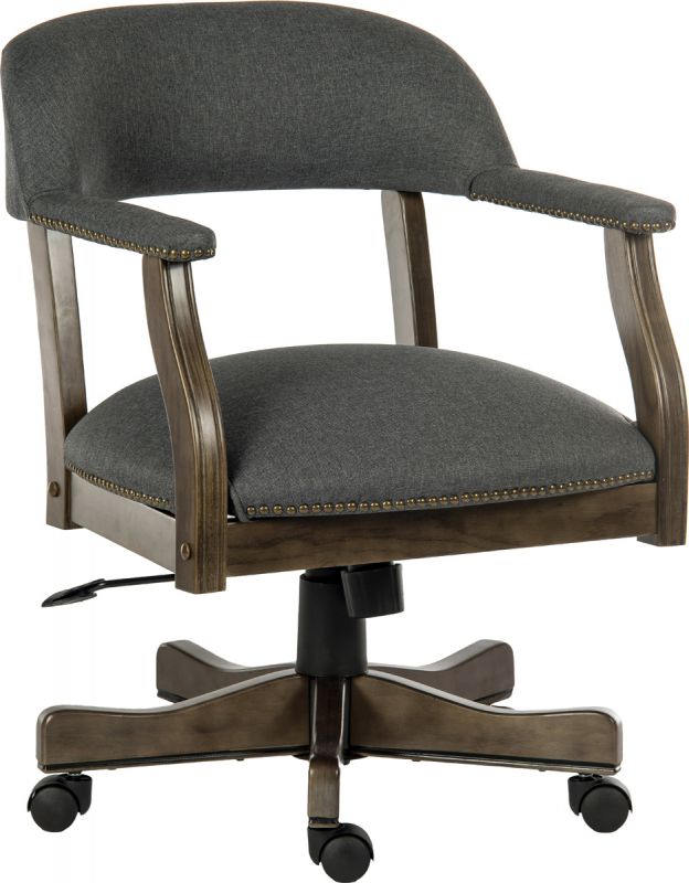 Traditional study swivel office/desk chair grey fabric with brass studs