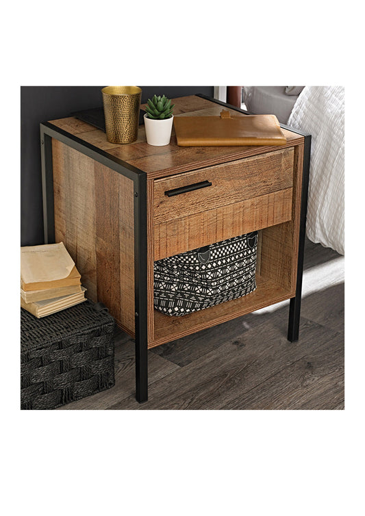 Industrial Bedside Table Distressed Oak Effect