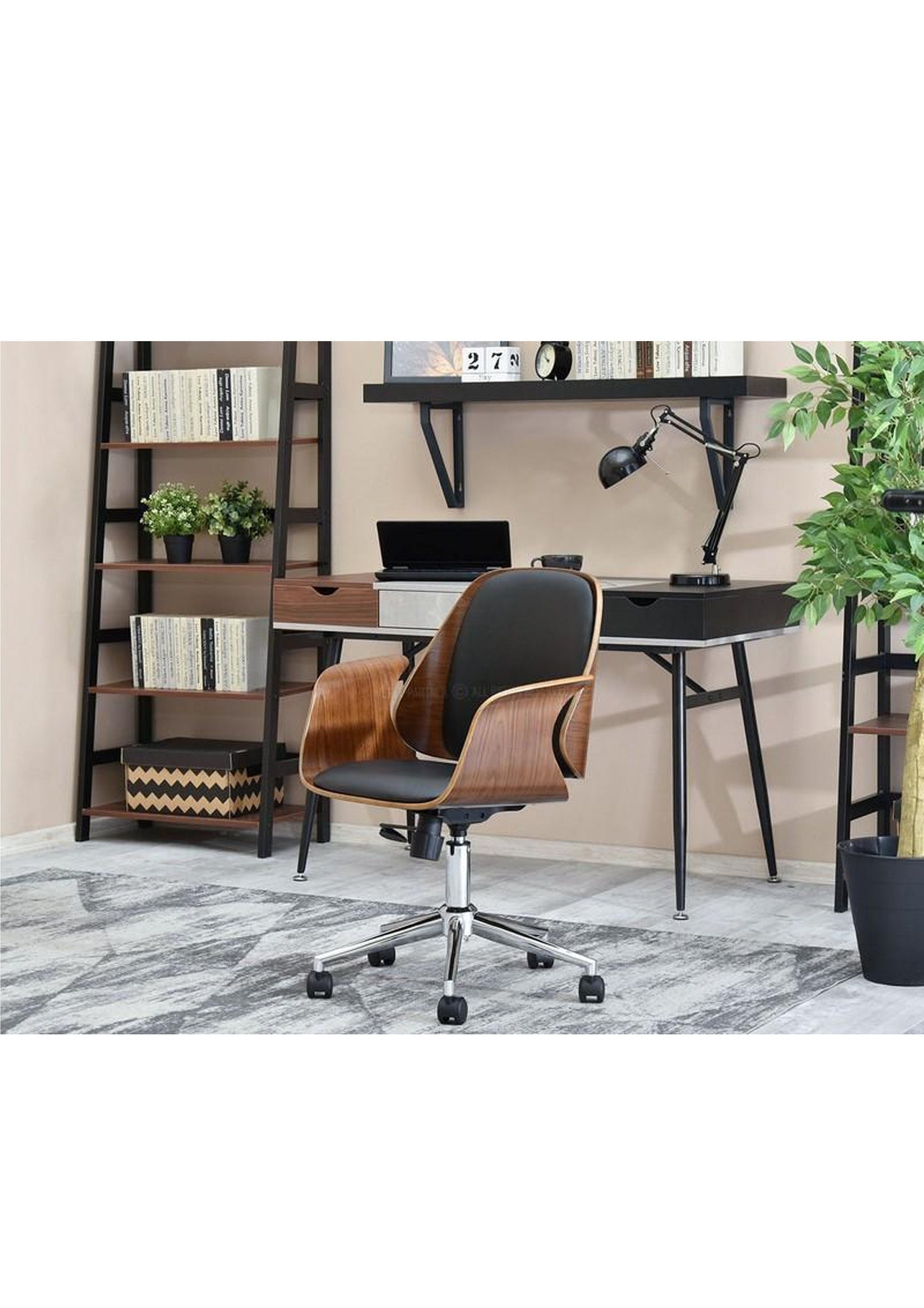 Designer-Bürostuhl im Vintage-Retro-Stil, Schreibtischstuhl, Chefsessel, in schwarzem Kunstleder und Walnuss oder Grau