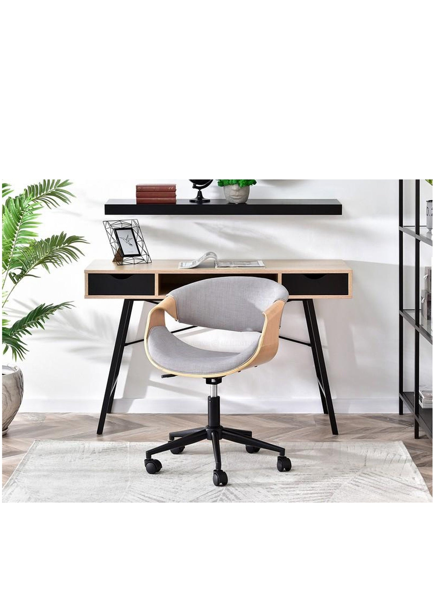 NEU Verstellbarer Drehstuhl im Retro-Stil fürs Büro, grau und Kiefernholz, schwarze Basis