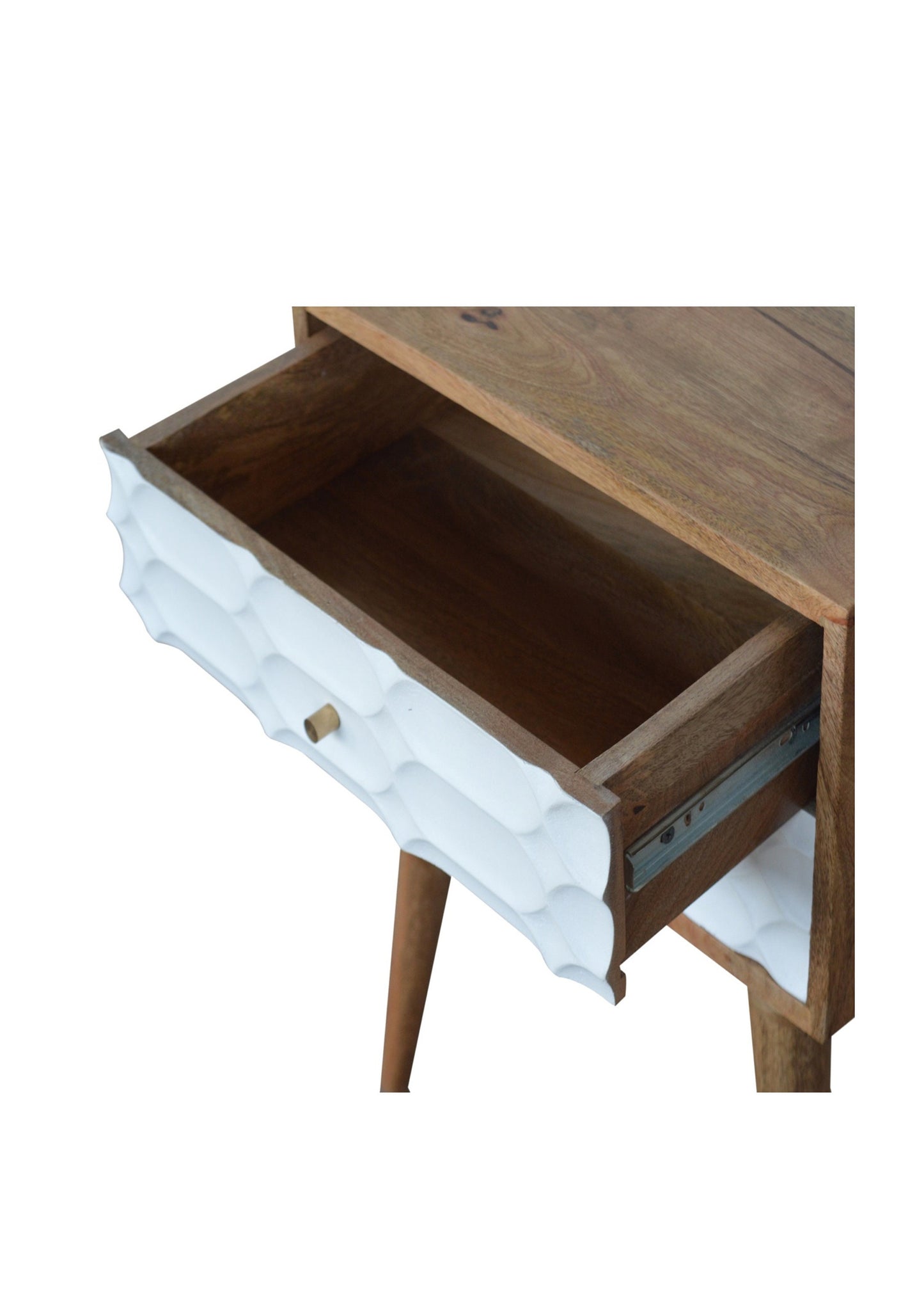 Nachttisch Vivienne aus massivem Mangoholz und weißen Schubladen im skandinavischen Stil