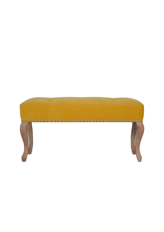 French Country Style Solid Wood Bench Upholstered in Yellow Velvet