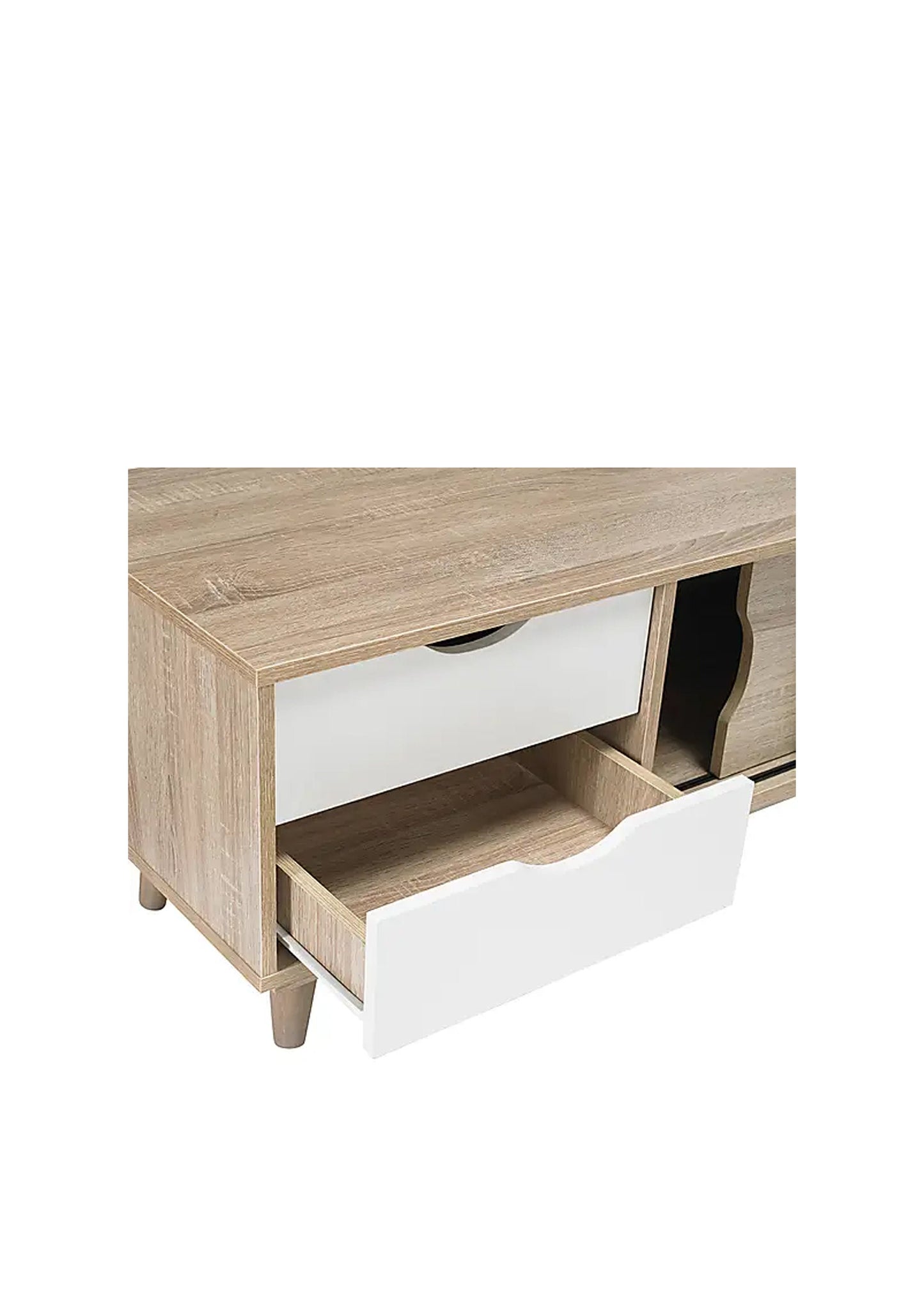 TV-Möbel in skandinavischer Eichenoptik mit weißen Schubladen