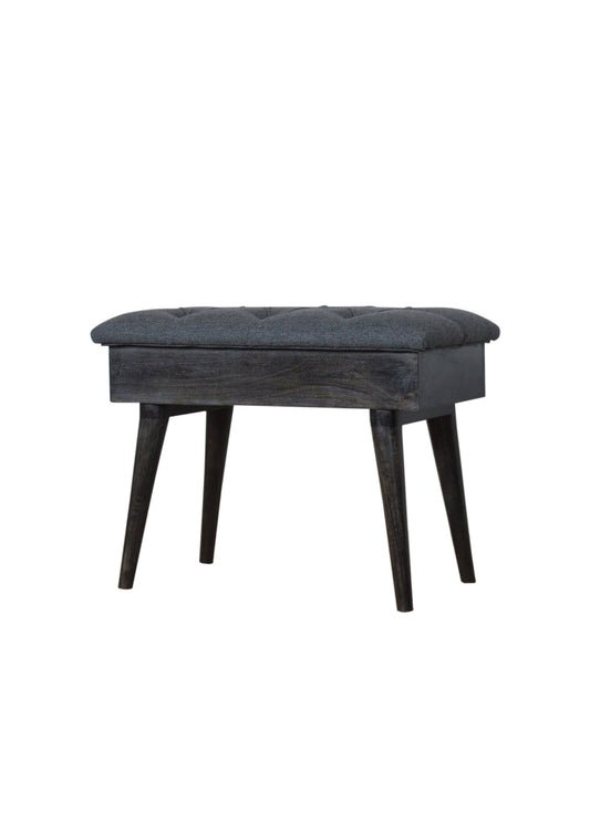 Mid Century Retro Style Black Tweed Buttoned Storage Bench ideal for Bedroom/ Living Room / Office
