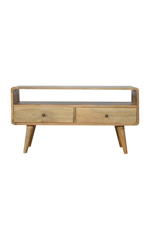 Mid Century Solid Wood Curved Oak-ish Media Unit With Drawers