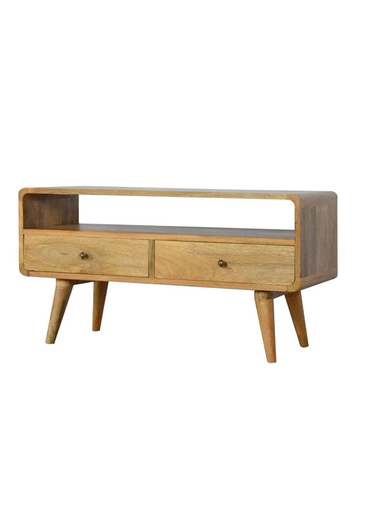 Mid Century Solid Wood Curved Oak-ish Media Unit With Drawers