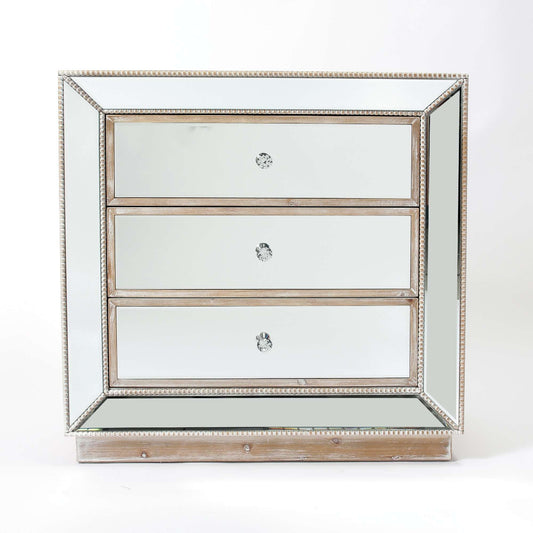 Washed Oak Wooden Pearl Mirrored Chest of Drawers