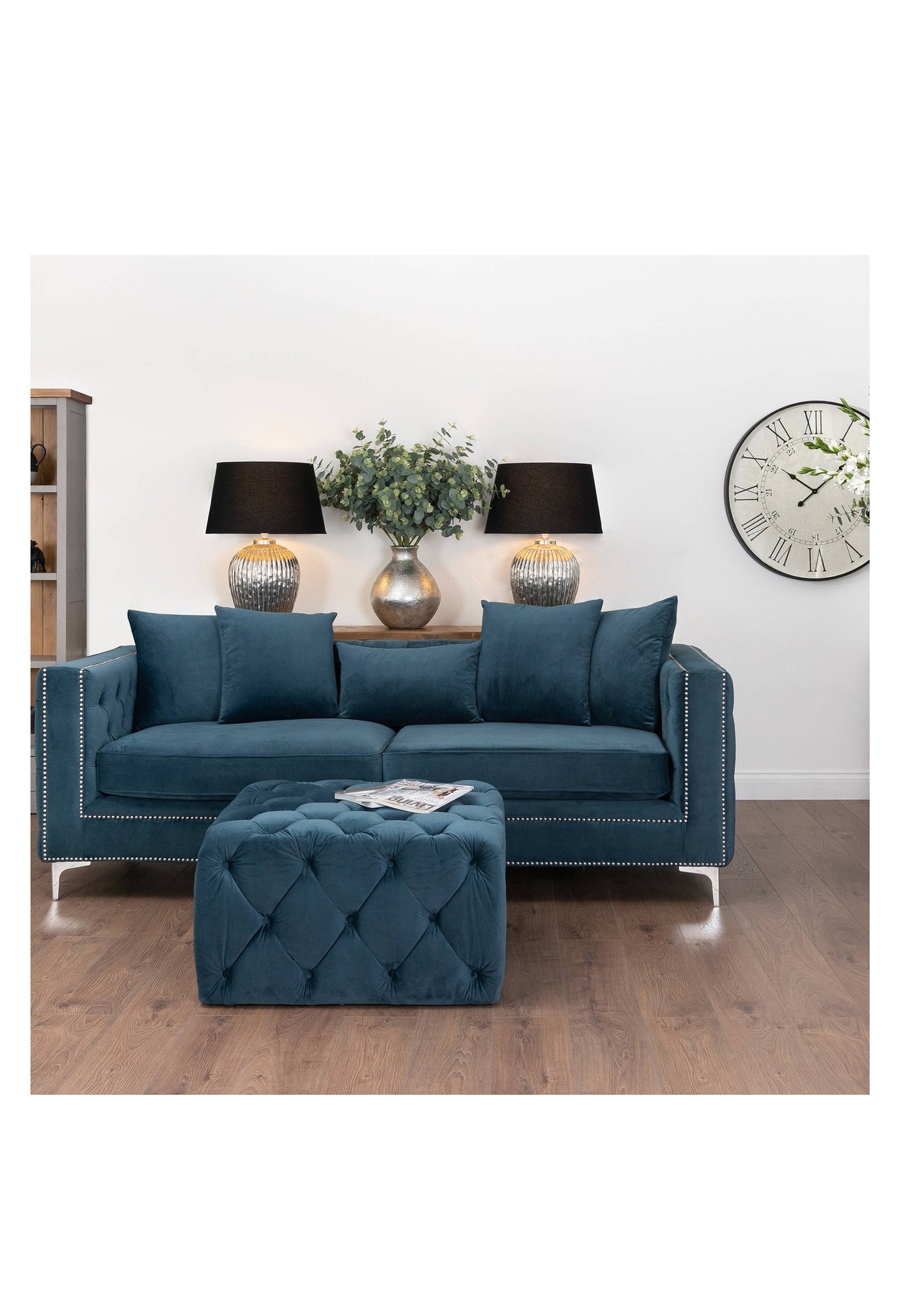 Dreisitzer-Sofa mit Knopfleiste aus blauem Samt