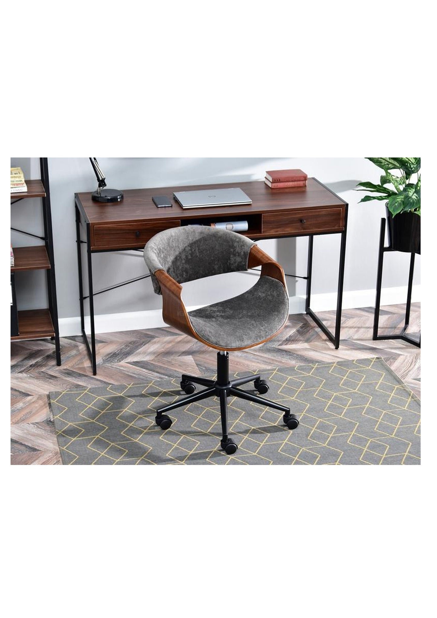NEW RETRO Style Adjustable Swivel office desk chair grey velour and wood