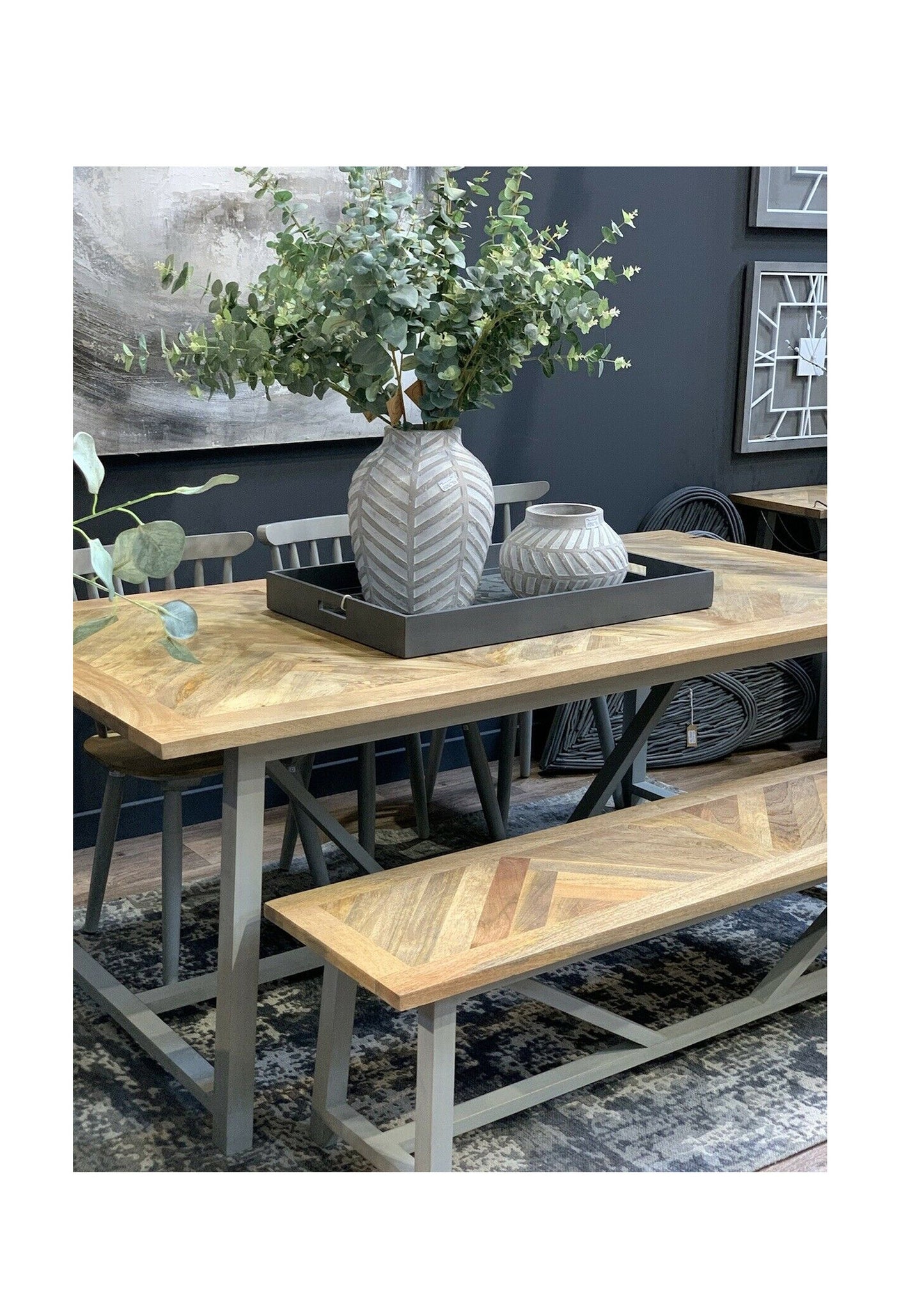 Herringbone Top Solid Wood Scandi Dining Bench