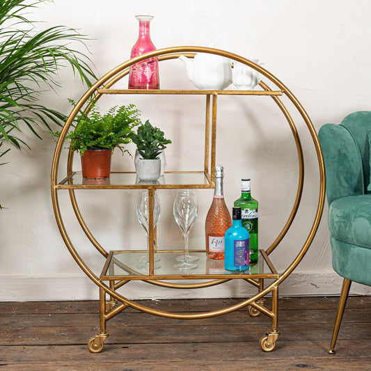 Glamourous Round Gold Gilt Leaf Drinks Trolley