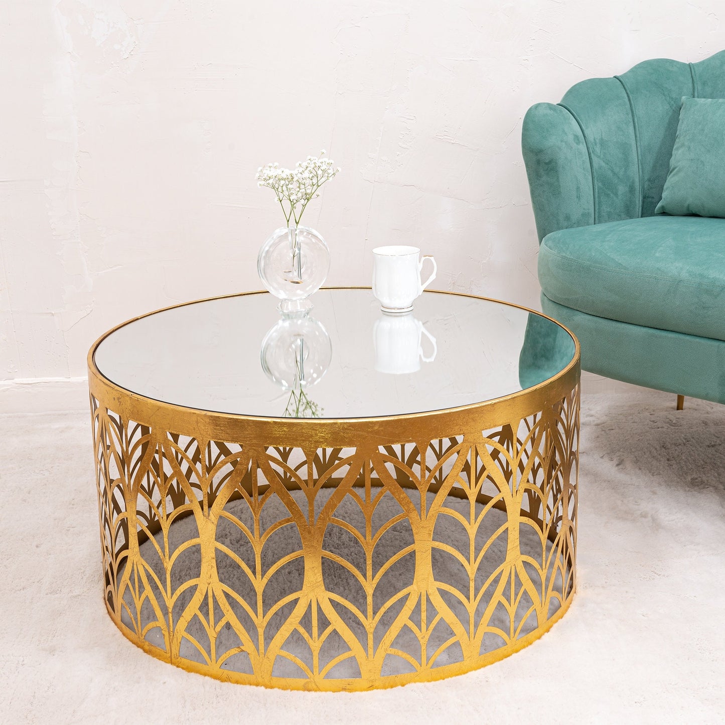 Runder großer Couchtisch im Blattdesign – Blattgold – Metall und Spiegel