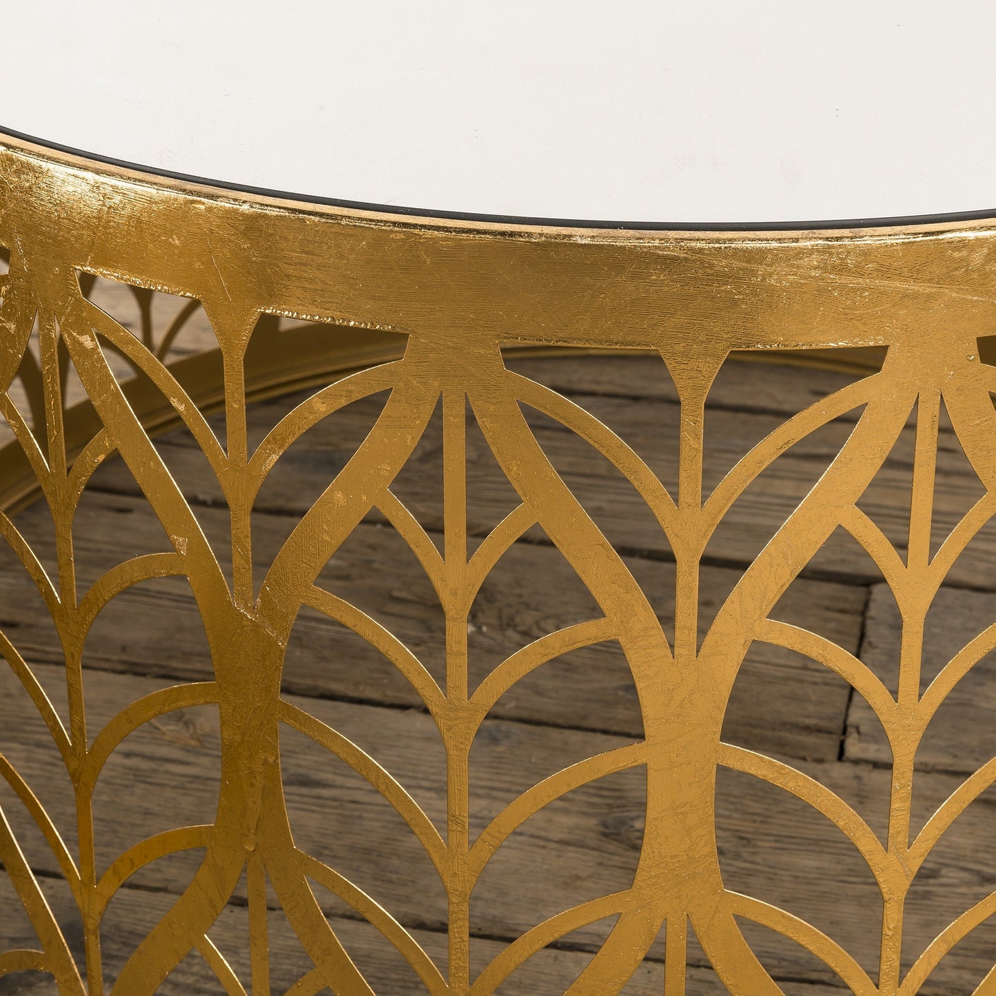 Rundes Couchtisch-Set im Blattdesign – Blattgold – Metall und Spiegel