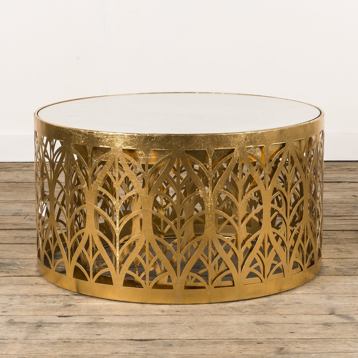 Rundes Couchtisch-Set im Blattdesign – Blattgold – Metall und Spiegel