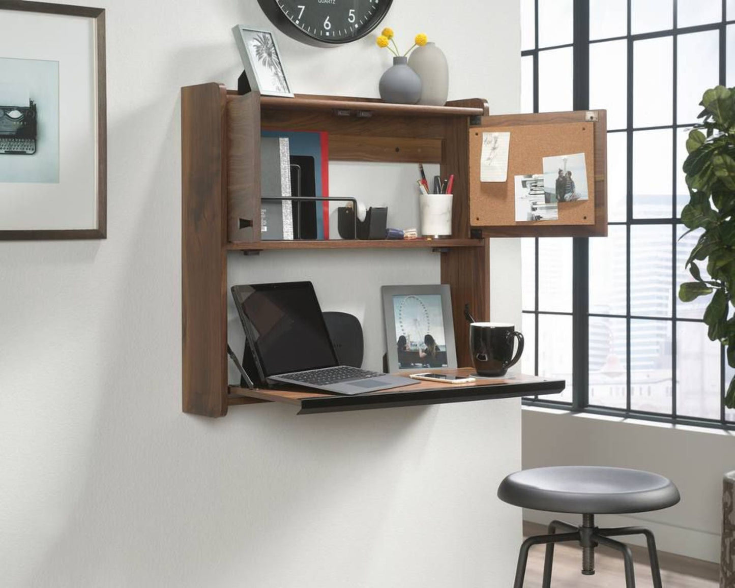 Retro Space Saving Wall Hung Desk in Walnut Finish