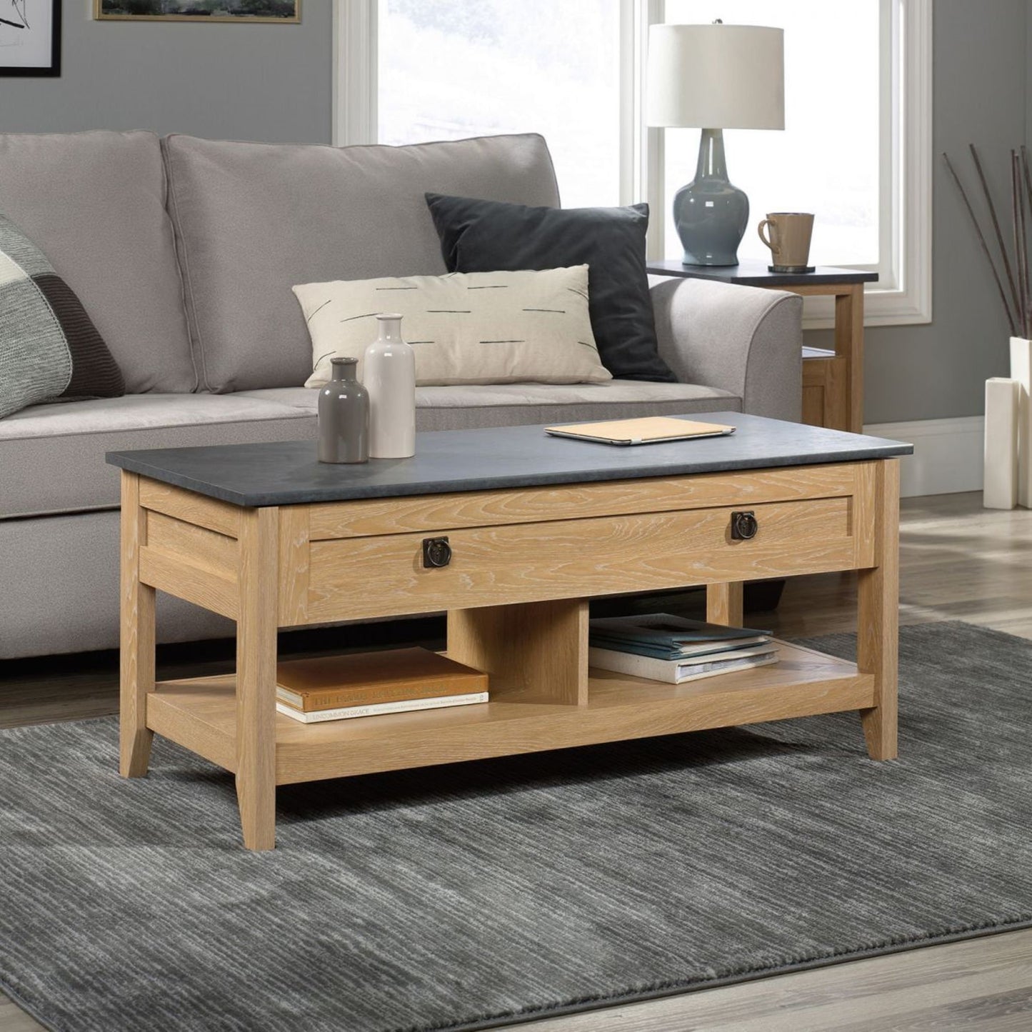 Lift up coffee / work table in Oak finish with slate finish accent