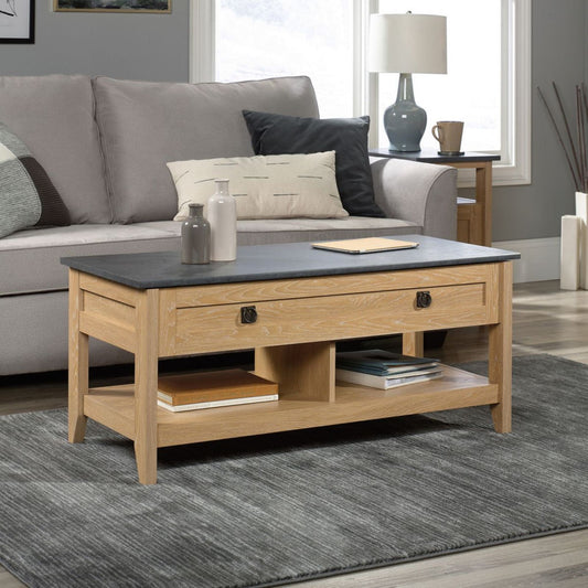 Lift up coffee / work table in Oak finish with slate finish accent