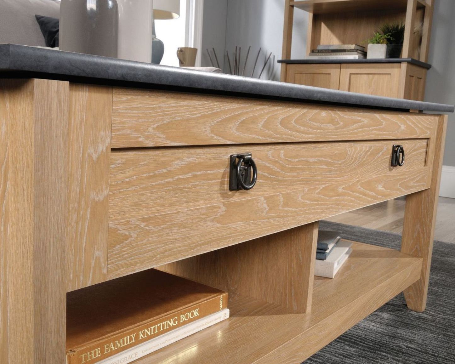 Lift up coffee / work table in Oak finish with slate finish accent