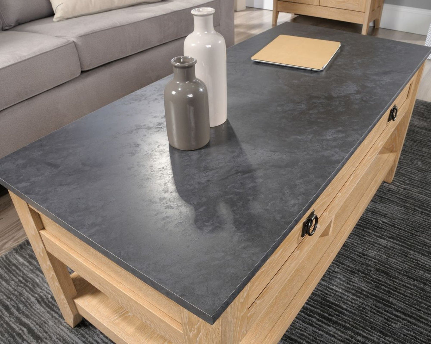 Lift up coffee / work table in Oak finish with slate finish accent