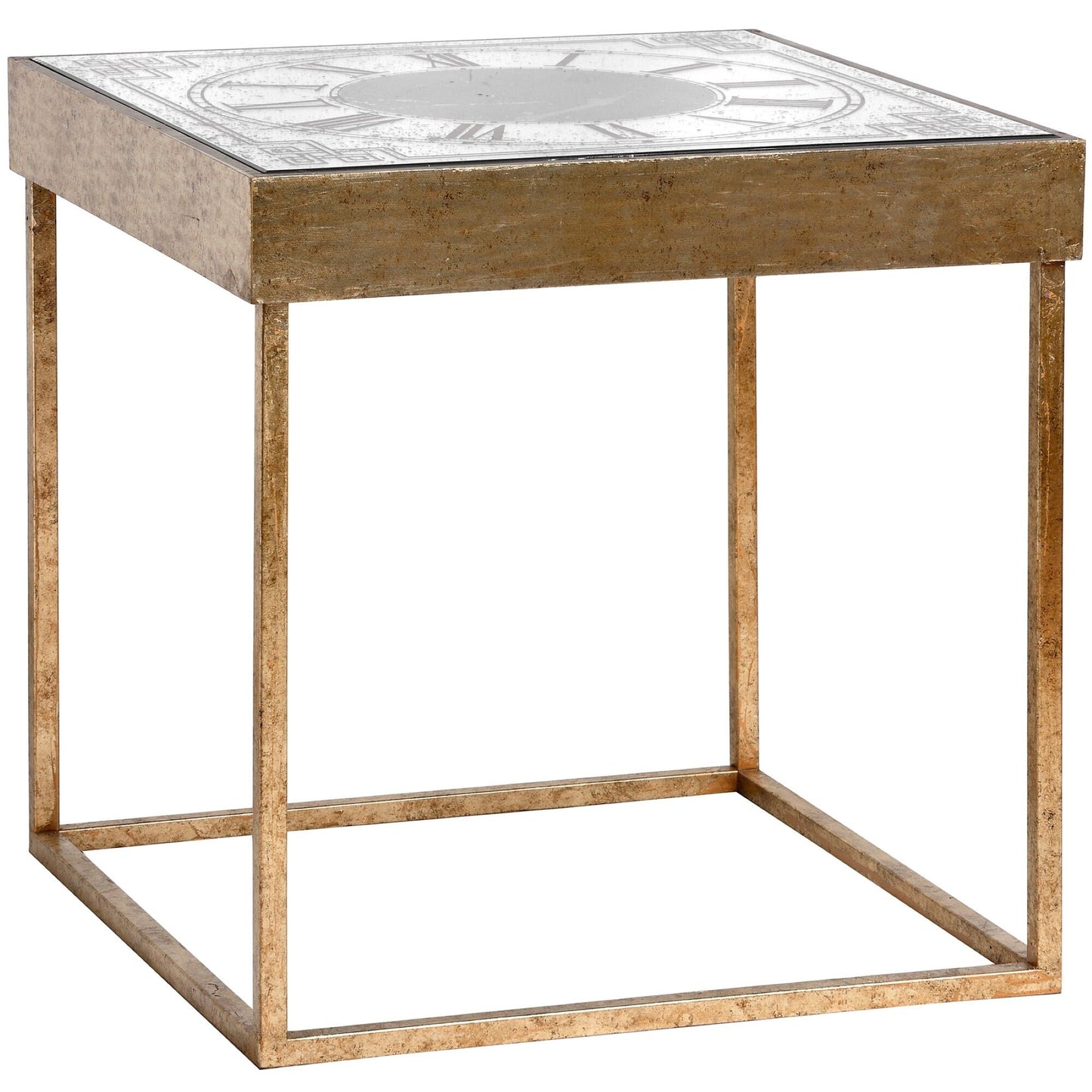 Verspiegelter, quadratisch gerahmter Uhrentisch mit beweglichem Mechanismus