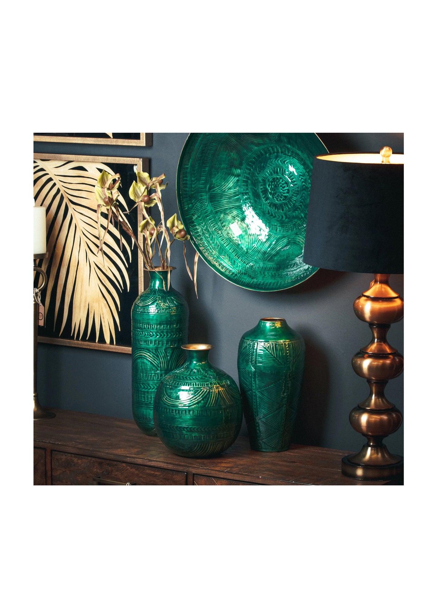 Brass embossed Ceramic Emerald Green Urn Vase