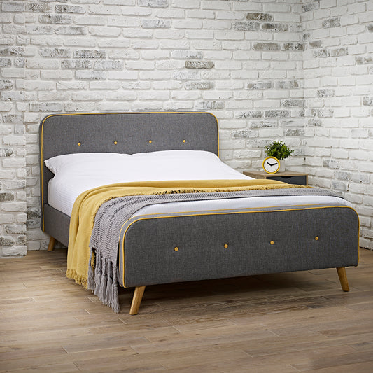 Grey and Yellow Scandi Style Double Bed With Buttons