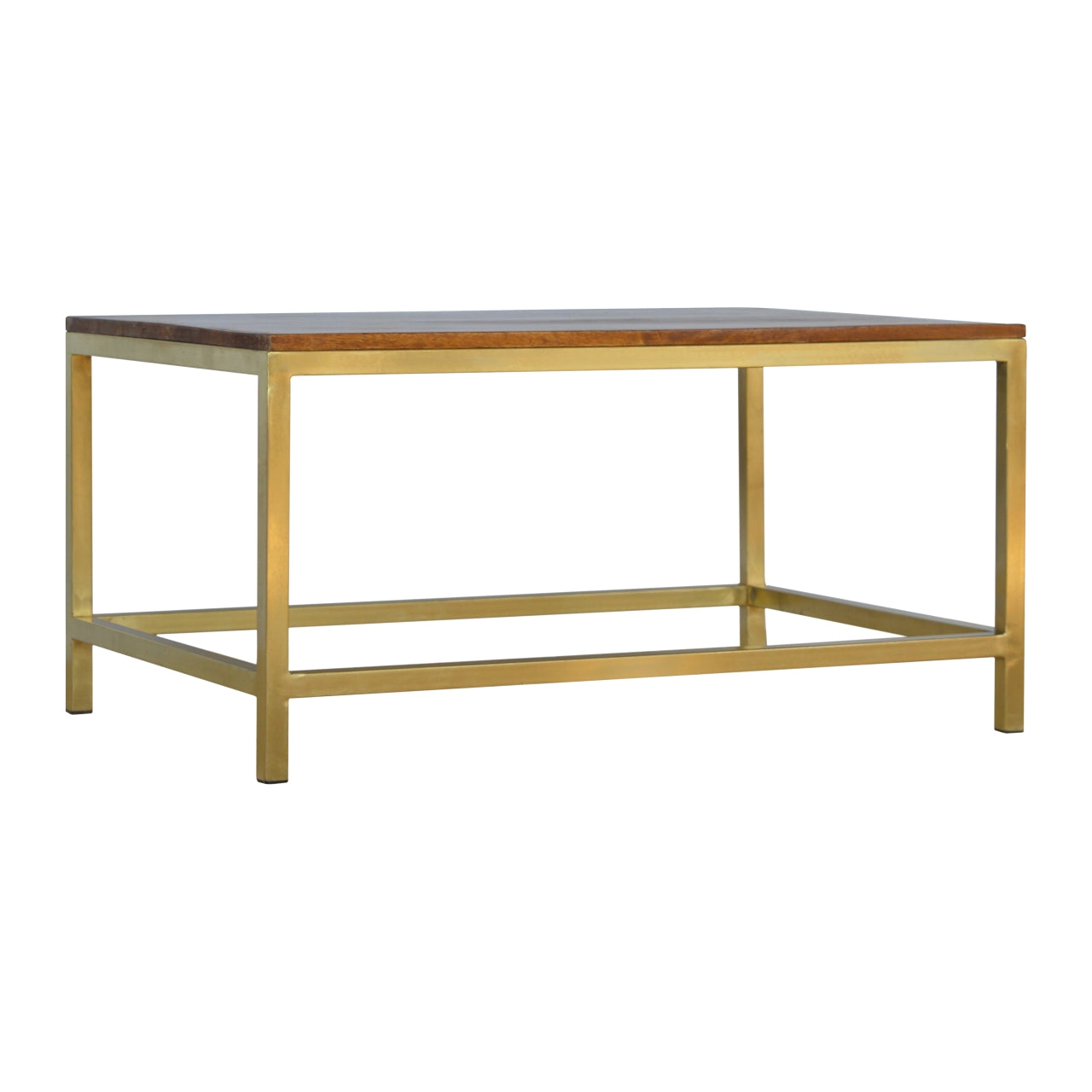 Rechteckiger Couchtisch mit goldenem Fuß und Holzplatte