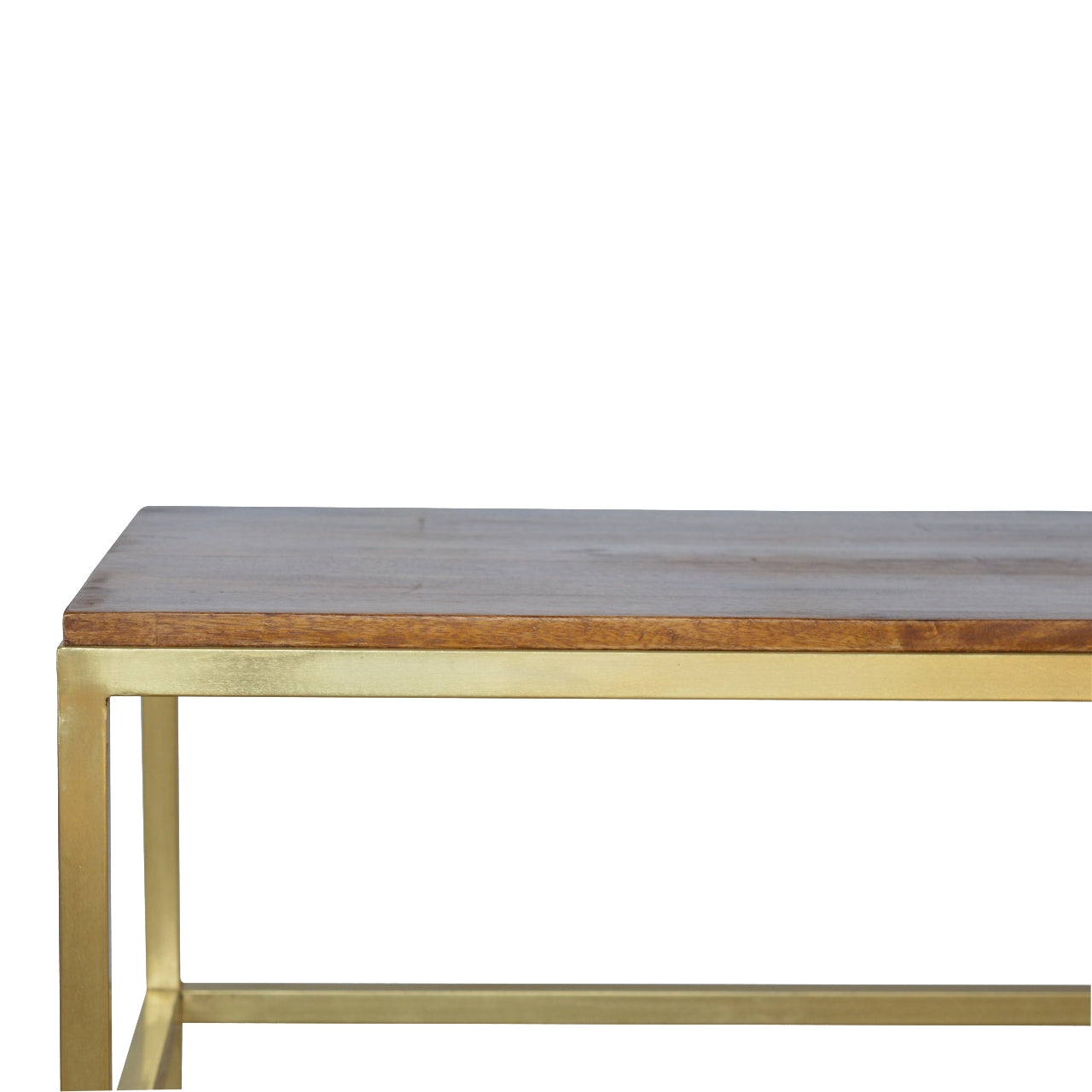 Rechteckiger Couchtisch mit goldenem Fuß und Holzplatte