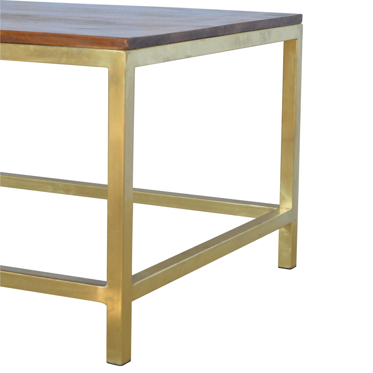 Rechteckiger Couchtisch mit goldenem Fuß und Holzplatte