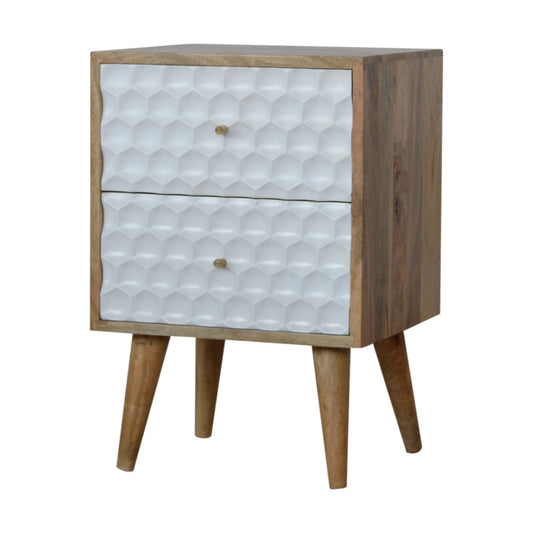 Honeycomb Carved Bedside Table Wood and White with 2 Drawers and Gold Handles