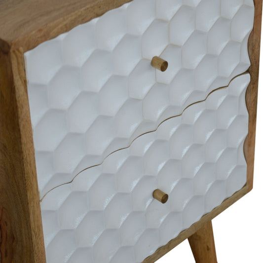 Honeycomb Carved Bedside Table Wood and White with 2 Drawers and Gold Handles