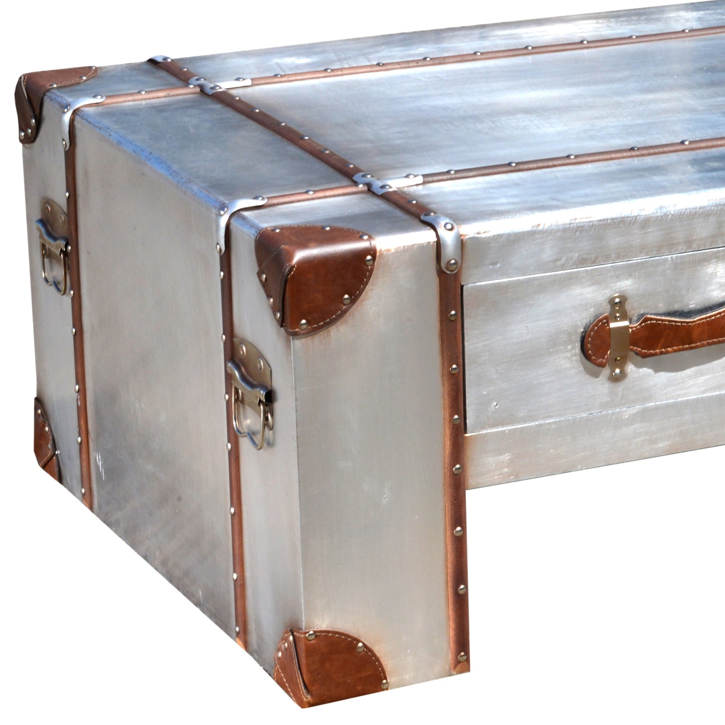 Industrieller Couchtisch aus Aluminium mit drei Schubladen - Silber