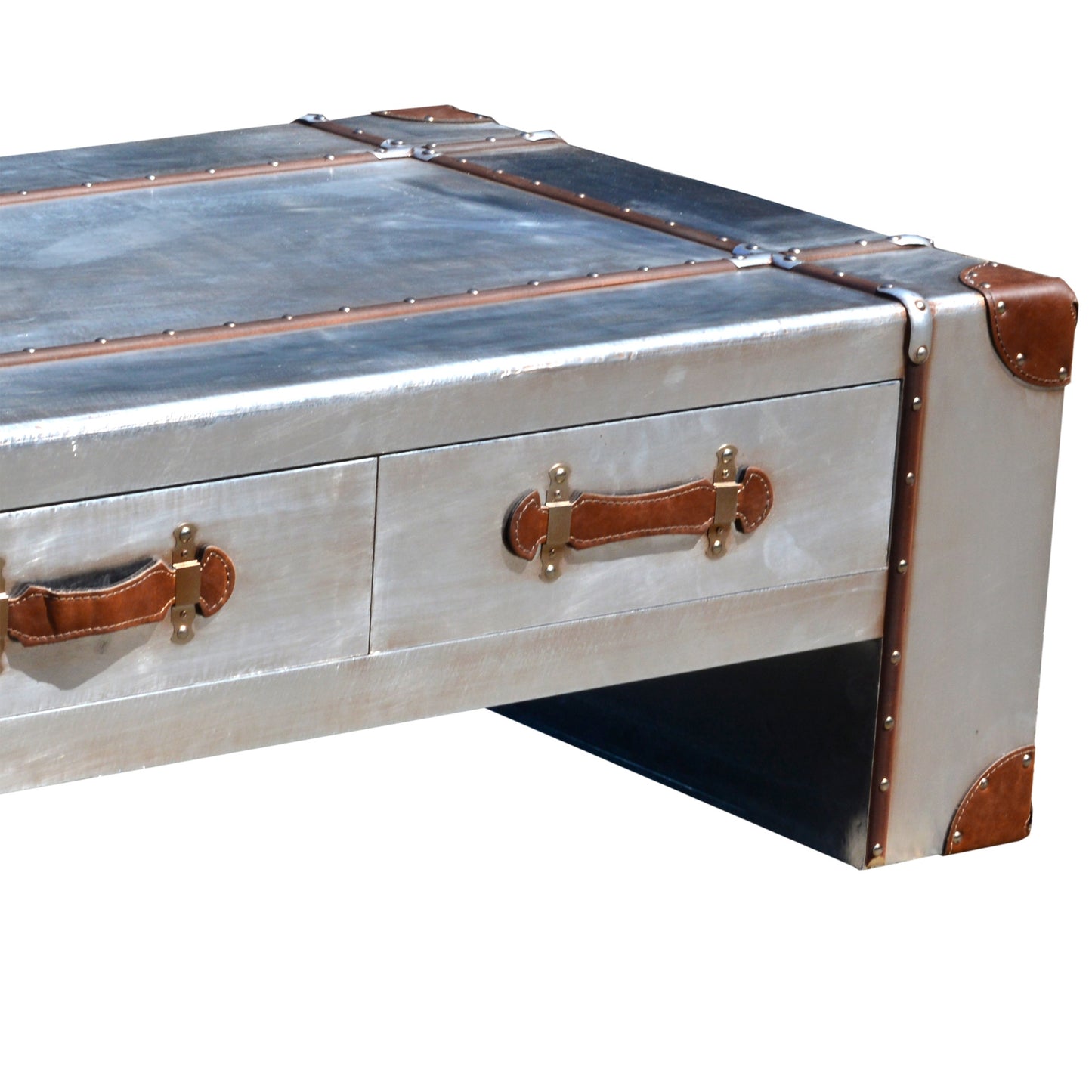 Industrieller Couchtisch aus Aluminium mit drei Schubladen - Silber