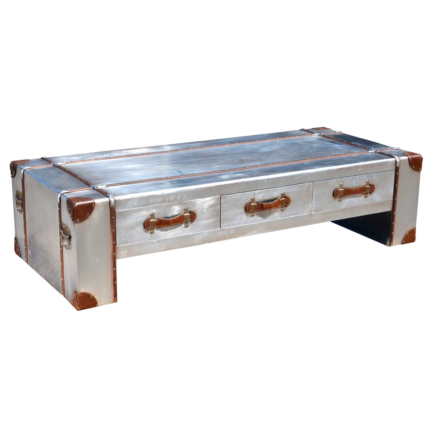 Industrieller Couchtisch aus Aluminium mit drei Schubladen - Silber