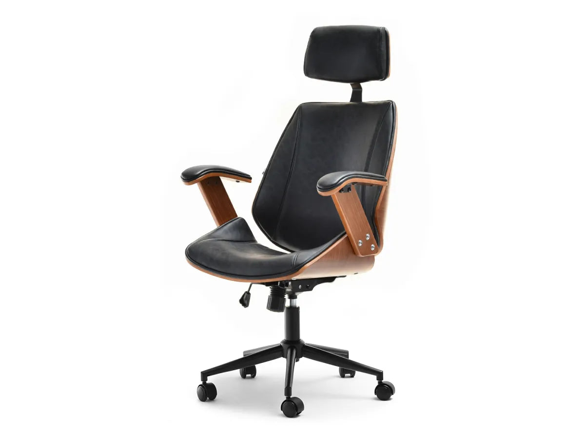 Executive office desk swivel chair in black faux leather and walnut wood