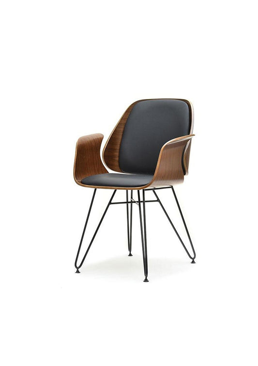 RETRO SCANDI Style Dining Office Desk Chair in Black faux leather and walnut wood