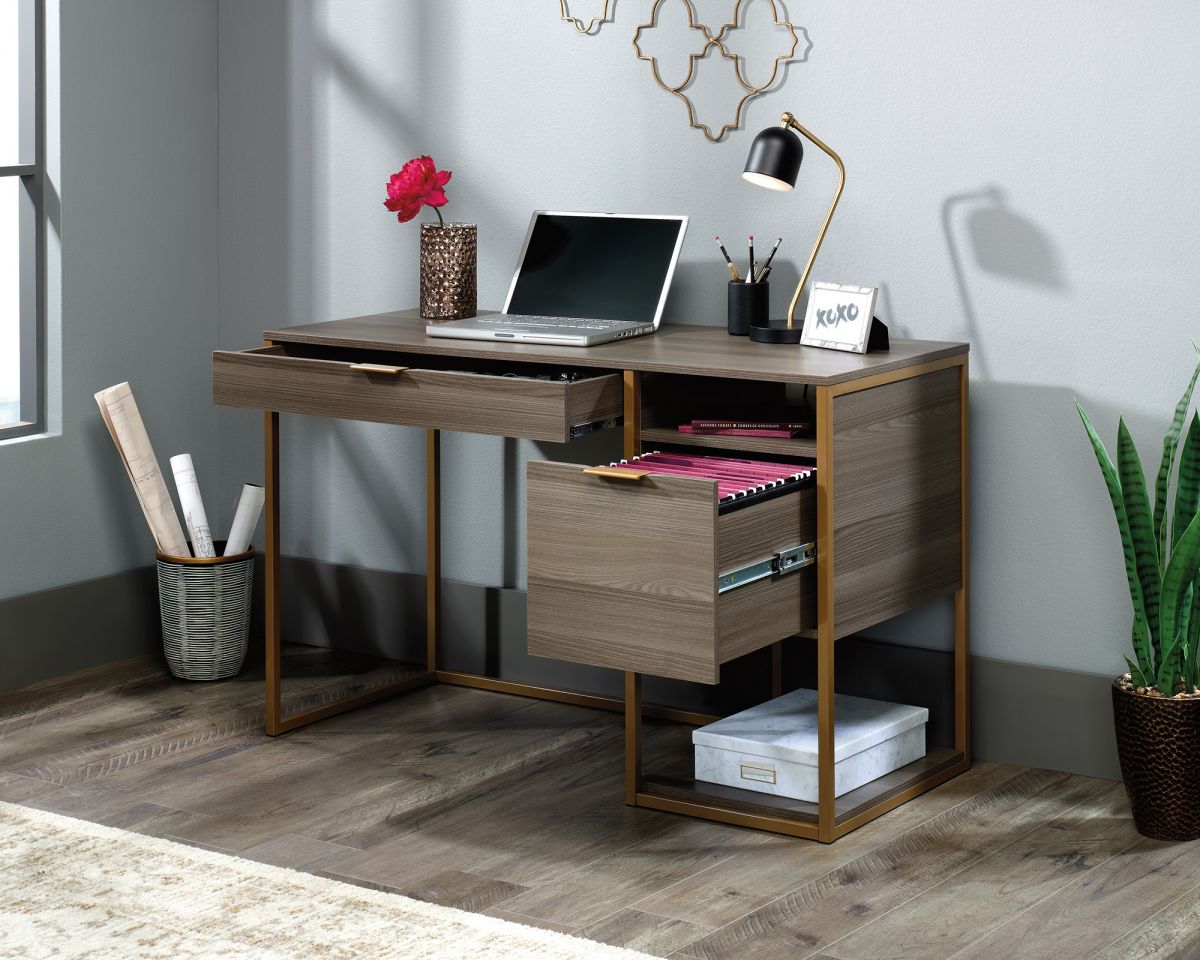 Retro style home office executive desk in Ash finish with gold frame