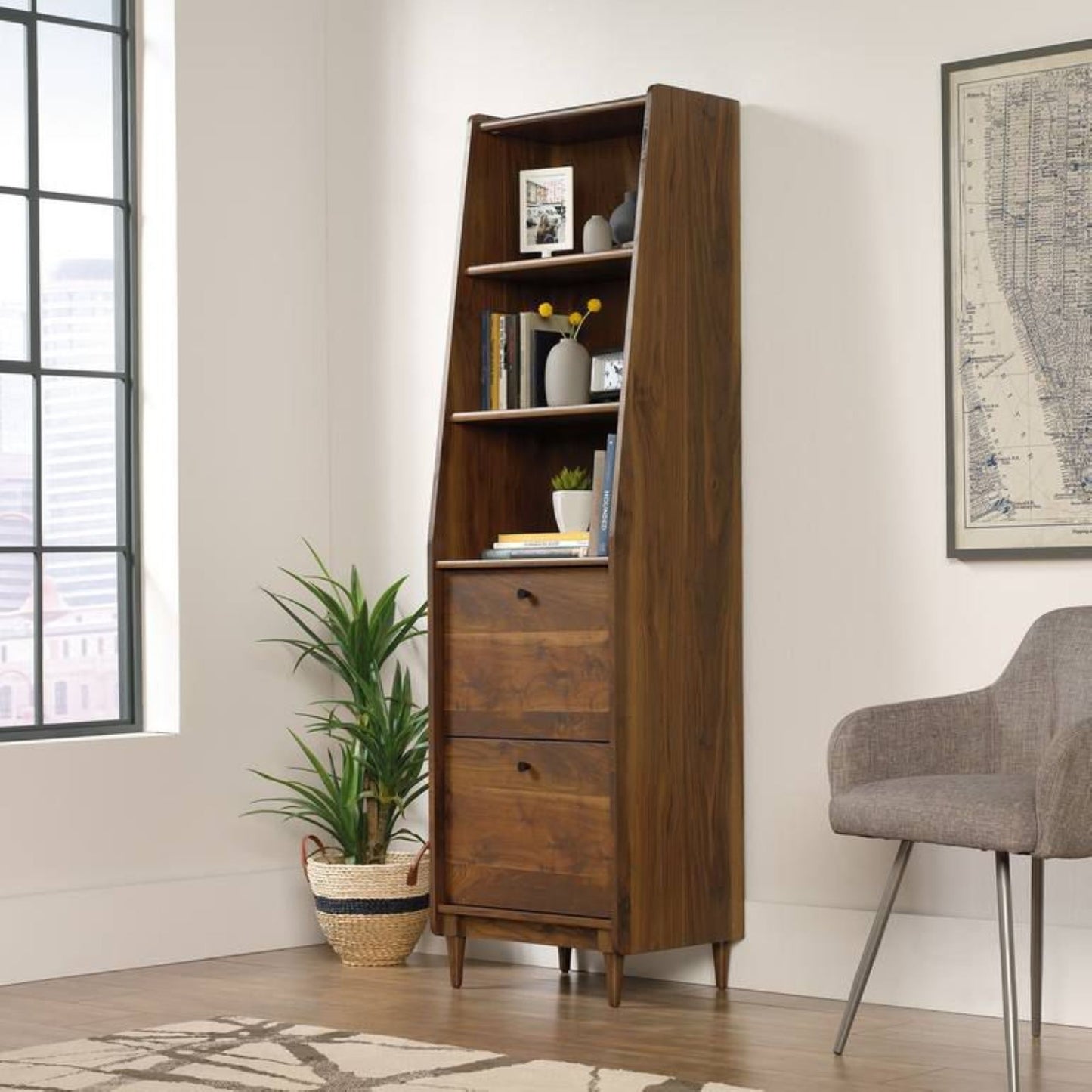 Elegant mid century/ retro style narrow bookcase in walnut finish