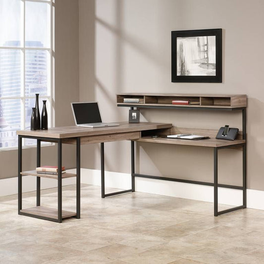 Large Home office L-shaped office desk in Oak finish and black frame