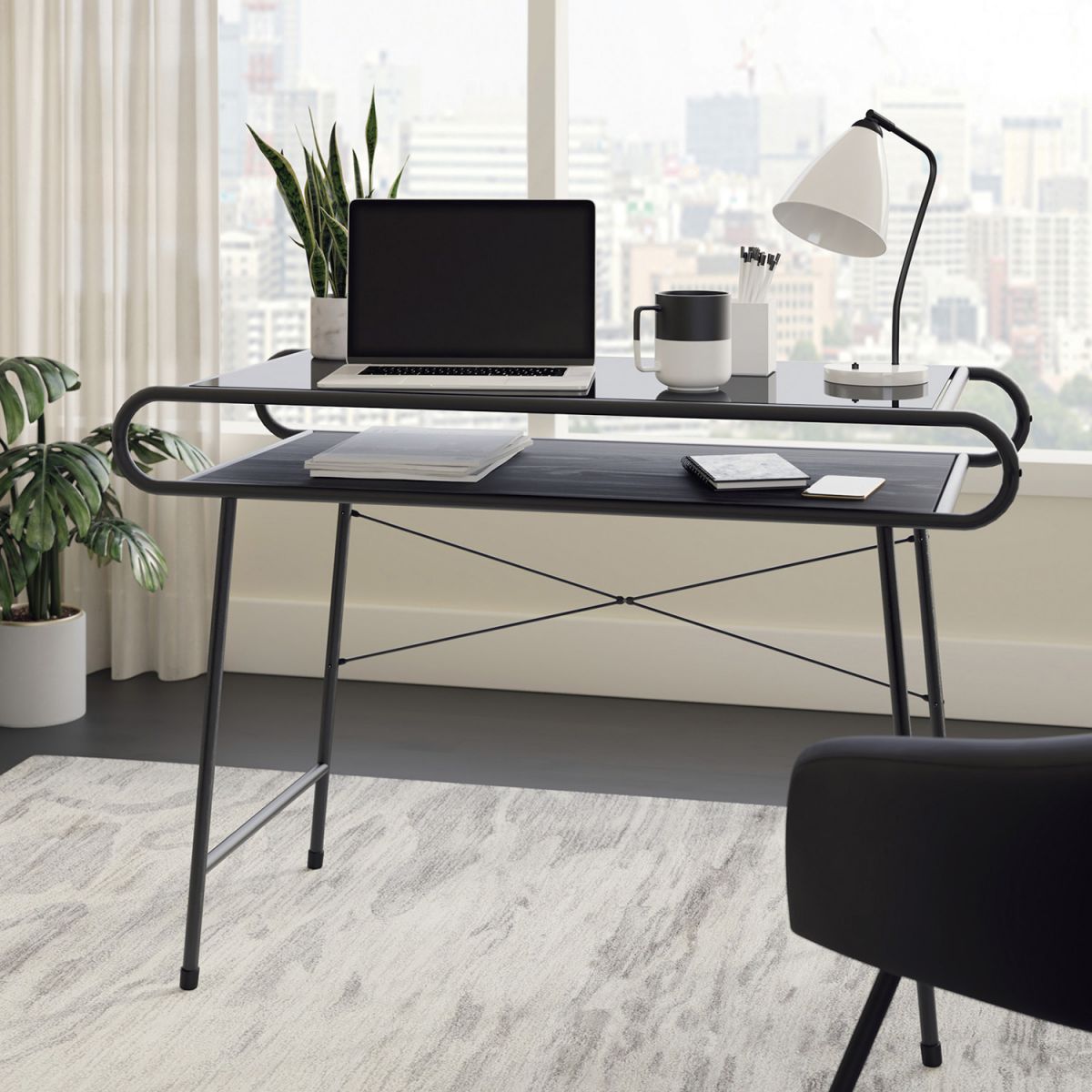 Retro Black office desk with safety-tempered black glass and Misted Elm finish