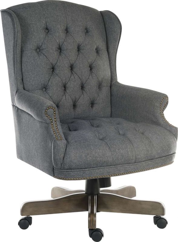 Elegant Super large button-tufted grey fabric executive armchair, office chair with wooden base