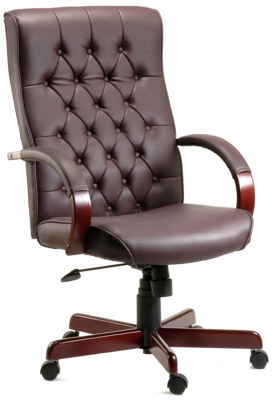 High Back Executive Traditional Style Burgundy  Office Chair With Wooden Base