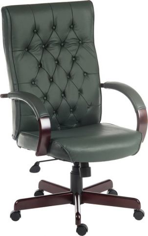High Back Executive Traditional Style Green Office Chair With Wooden Base
