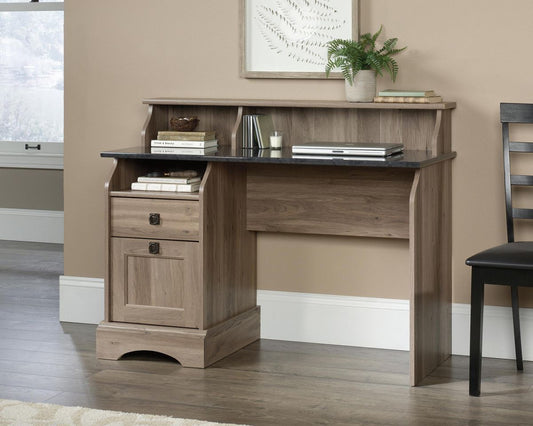 Farmhouse style desk in Salt Oak finish with Rosso Slate effect accents